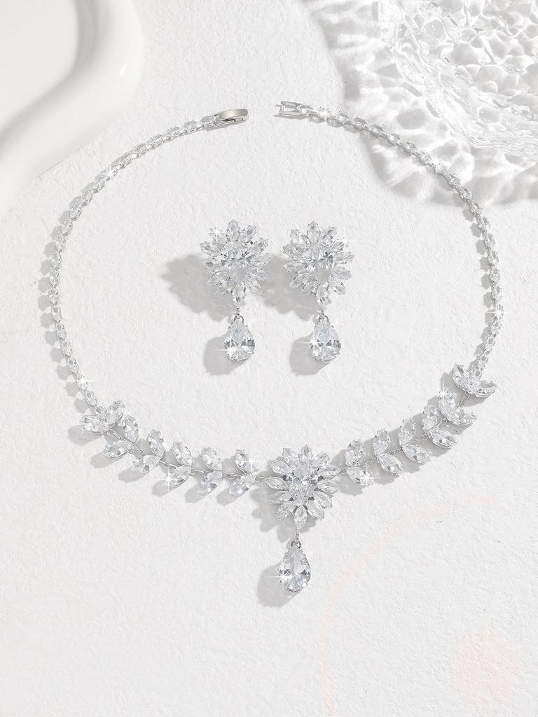 Bride Water Drop & Leaf Zirconia Wedding Jewelry Set: Elegant Necklace & Earrings for Women