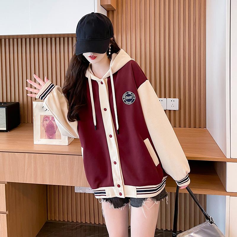 Pre-Fall Hooded Contrasting Sweatshirt Women's Autumn and Winter Loose Plus Size Small Casual Baseball Uniform Jacket