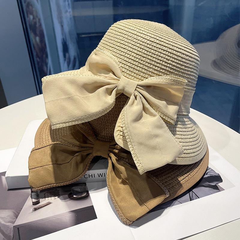 French Elegant Bow Straw Hat Fashion Versatile Sun Hat Women's Seaside Sun Hat Spring and Summer Big Eaves Sun Protection Hat