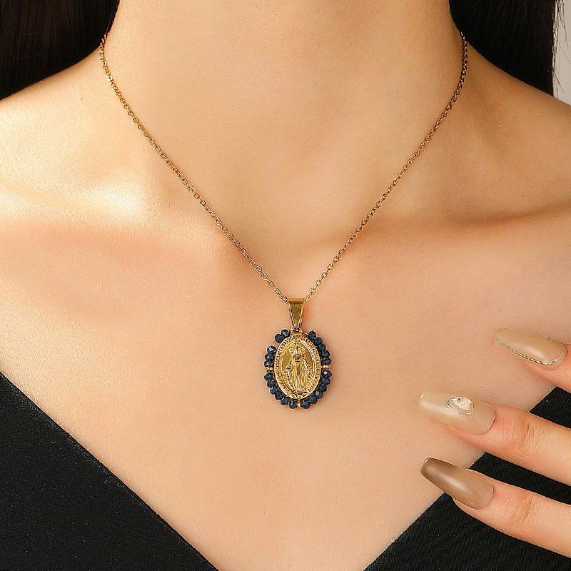Christian Catholic Accessory Trendy Our Lady Virgin Mary Necklaces Stainless Steel Oval Pendant Neck Chains for Women