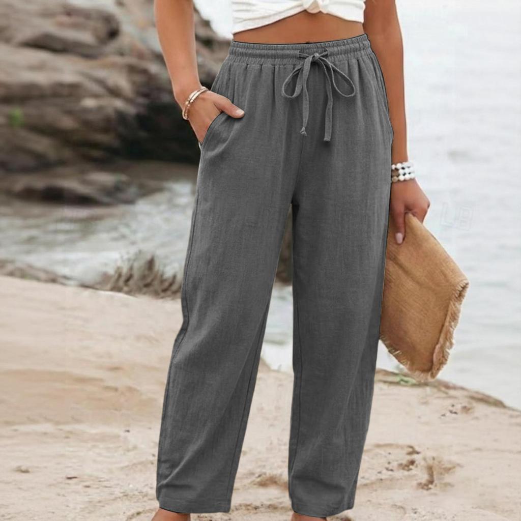 Women's Summer Wide Leg Pants, Elastic Waist Color Loose Fit Cotton Linen Trousers, Casual Long Pants