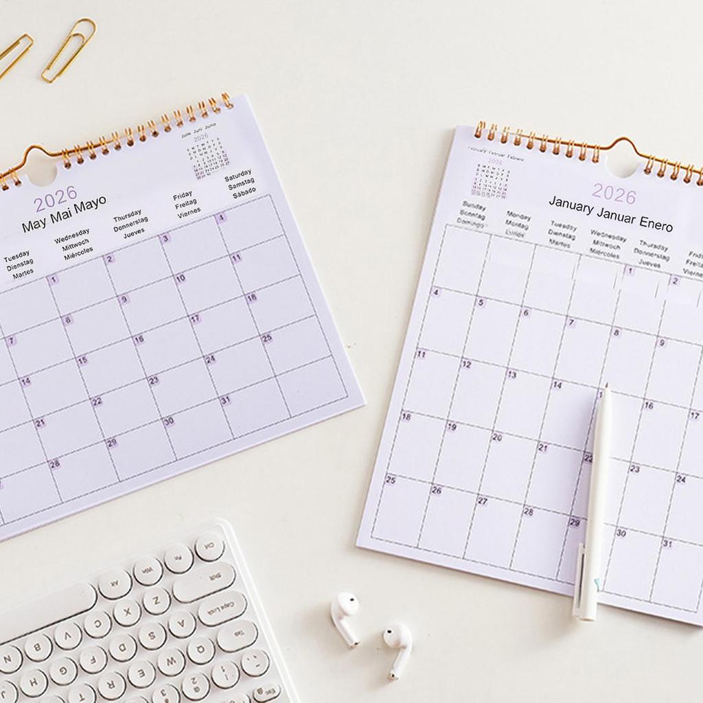 2026 Year Calendar Multilingual Coil Calendar for Wall 12 Month Modern Decorative Planner for Bedroom Dormitory Apartment Family