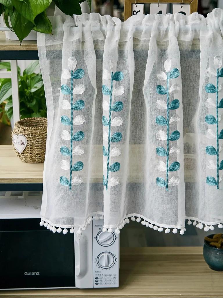 Leaves Short Sheer Tier Curtains Green Leaf Embroidery Kitchen Half Curtain Rod Pocket