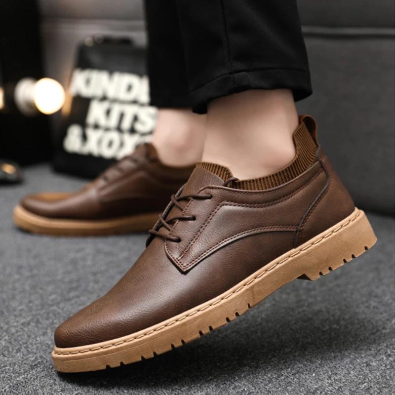 Fashion Men Sneakers Brown Leather Business Casual Shoes Low-top Lace-up Soft-soled Driving Shoes Summer Thick-soled Vulcanized Men Shoe