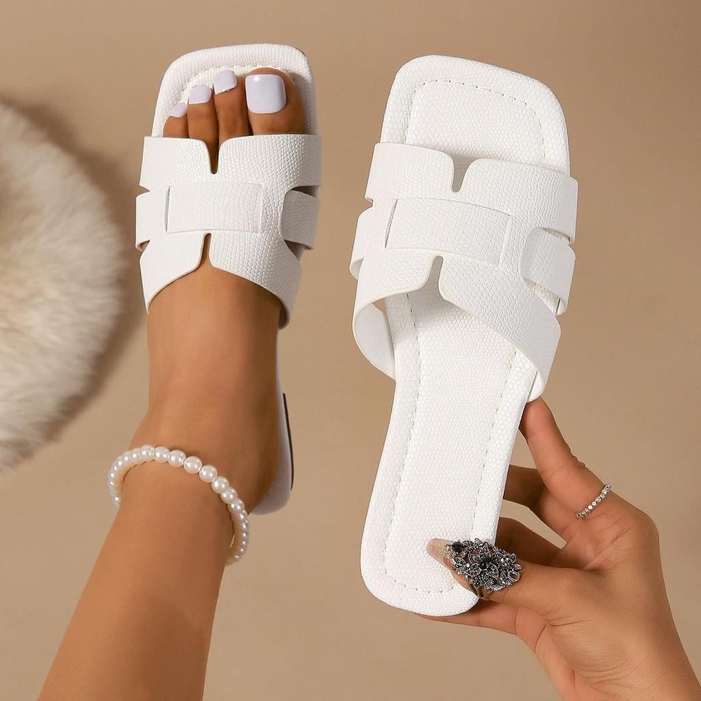 Women's Solid Color Square Head Slip-On Slippers - Breathable, Flat Design for Home, European & American Style