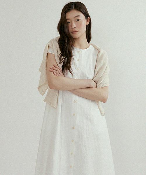 Lingseoul Button Shirring Dress-Ivory