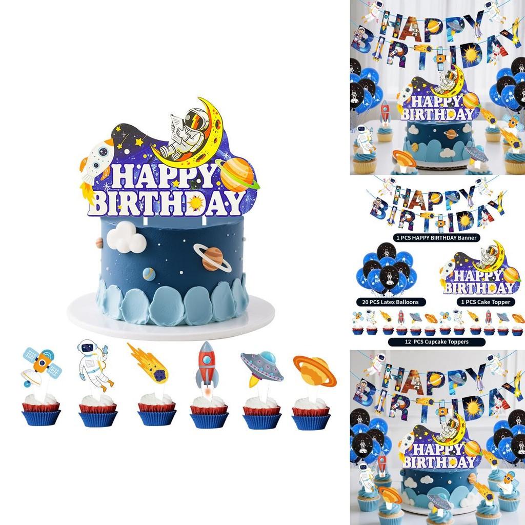 Space Theme Birthday Cake Topper With Rocket Flags For Party Decor