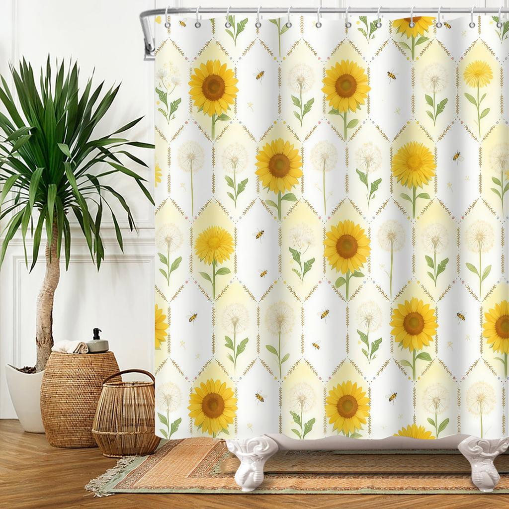 Yellow Sunflower Shower Curtain Spring Floral Bathroom Decor Hanging Curtains Fresh Floral Plant Patterns Waterproof Curtain