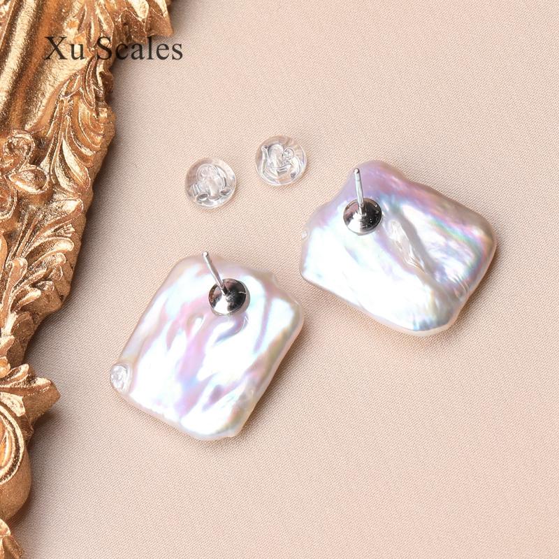 100% Natural FreshWater Baroque 15-21mm Aurora White Square Pearl Stud Earrings S925 Sterling Silver Anti Allergy Jewelry Gift