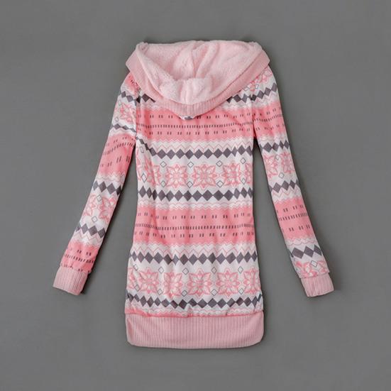 Stribet Print Langærmet Sweaterfrakke Efterår Vinter Knaplukning Hætte Plysforing Sweater Cardigan Ydertøj