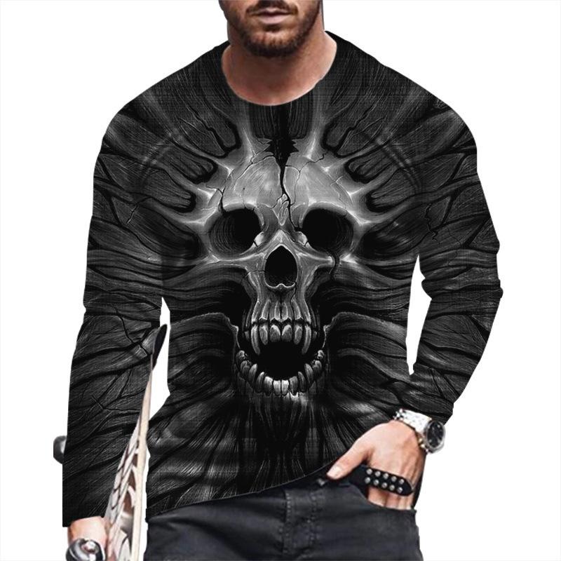 Spring and Autumn Round Neck Skull 3D Printed Top Fashionable Casual Long Sleeved Men's T-shirts