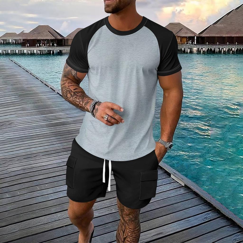Men's Summer Solid Color Loose Plug-In Short-Sleeved Round Neck Top Workwear Shorts Suit