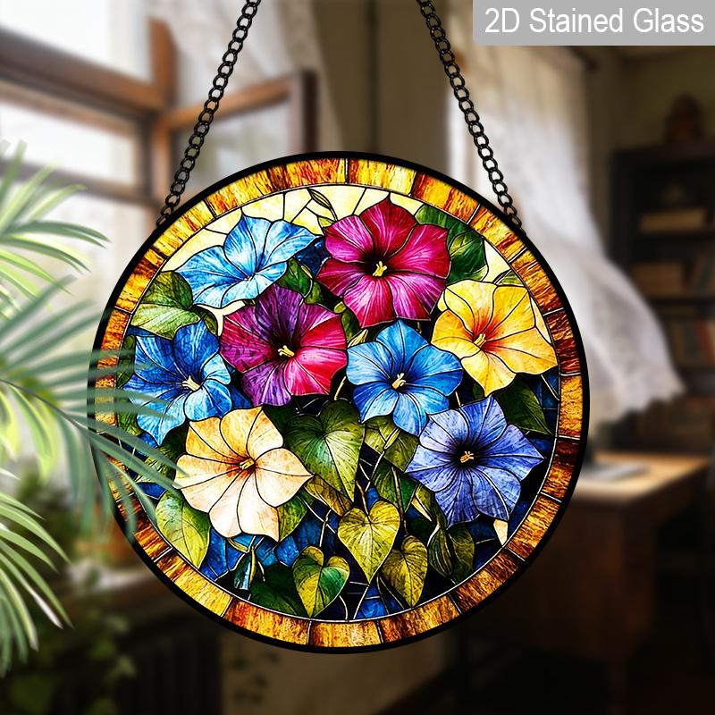 2D Flat, 1pc Morning Glory Round 7.87in Glass Suncatcher, Multicolor Morning Glory Floral Print Window Hanging Ornament, Climbing Flower Home Decor