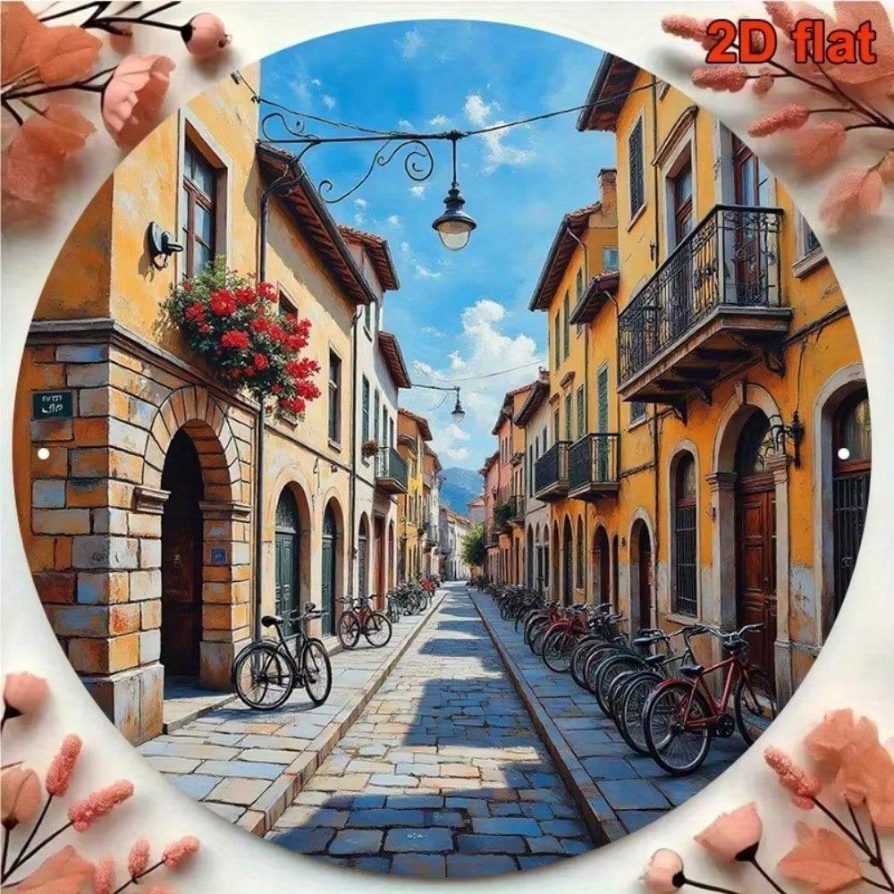 Vintage Italian Town Round Metal Sign Retro European Street Wall Art Home Cafe Bar Kitchen Decor