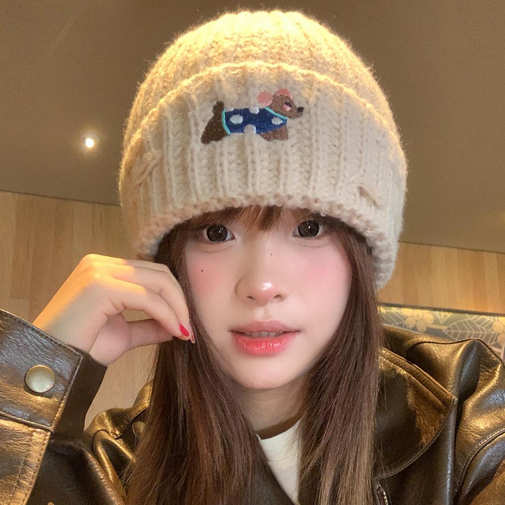 Korean version of cartoon puppy embroidery knitted hat female warm sweet cute versatile face small pullover hat tide