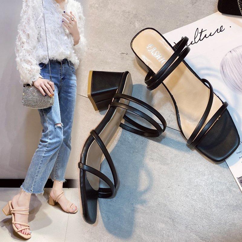 Black Thin Strap Sandals Women's 20 New Medium Heel Cool Slippers Women's Thick Heel with Women's Shoes
