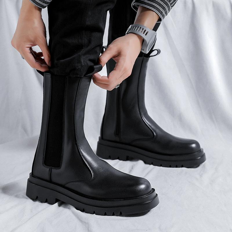 Men's Casual Party Nightclub High Chelsea Boots Slip-on Platform Shoes Cowboy Original Leather Boot Long Motorcycle Botas Hombre