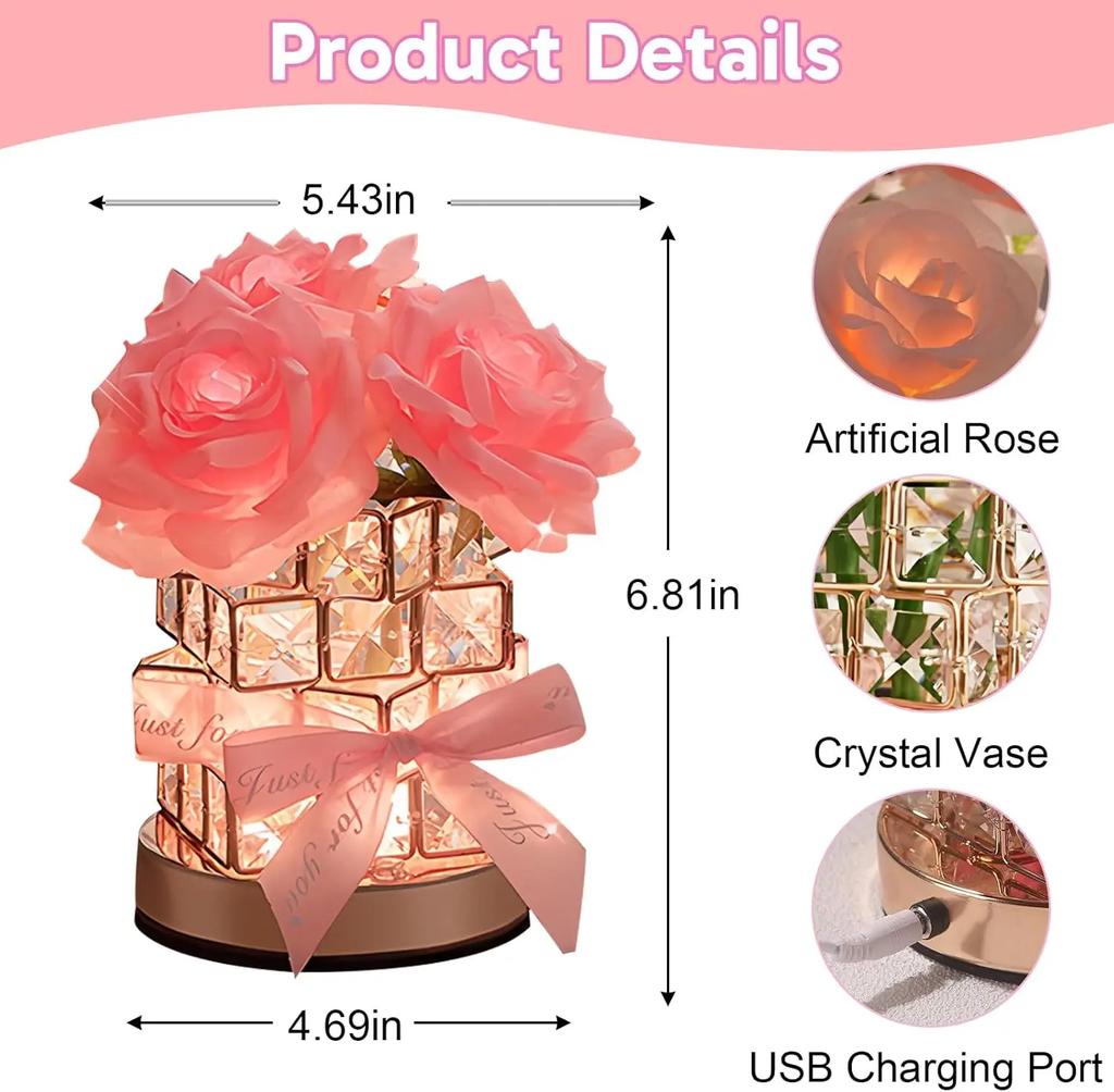 Rose Flower Lamp,Birthday Gifts for Women,Rechargeable Cordless LED Touch Lamps,3Color Night Light,for Bedroom Festival Decor