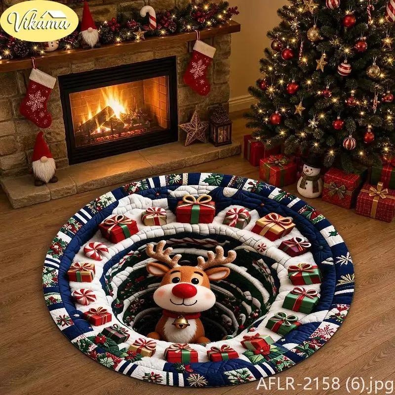 Cute Cartoon Christmas Reindeer Rug Non Slip Absorbent Round Living Room Mat Entryway Rug Washable Festive Home Decor