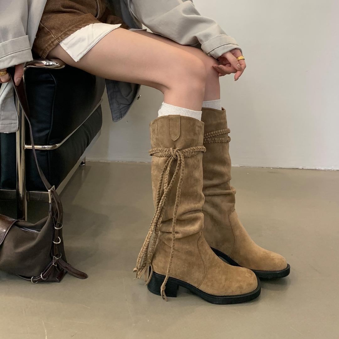

2025 autumn and winter new brown fringed boots retro wasteland wind knight boots British college wind pile boots women 39 хаки