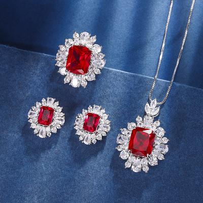 Jewelry Copper Bottom Gold-Plated Jewelry Set Simulation Red Corundum High-End Retro Set Women 10 * 12-6 * 8