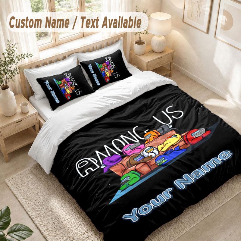Custom Name Bedding Set 3 PiecesAmong Us Print Duvet Cover + 2 Pillowcases Soft Bed Decor