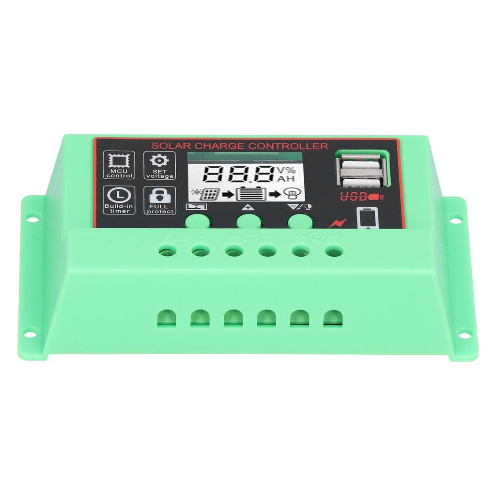 Solar Charge Controller 12V 24V Solar Controller LCD Display USB Interface Overload ProtectionGreen Shell Black Surface