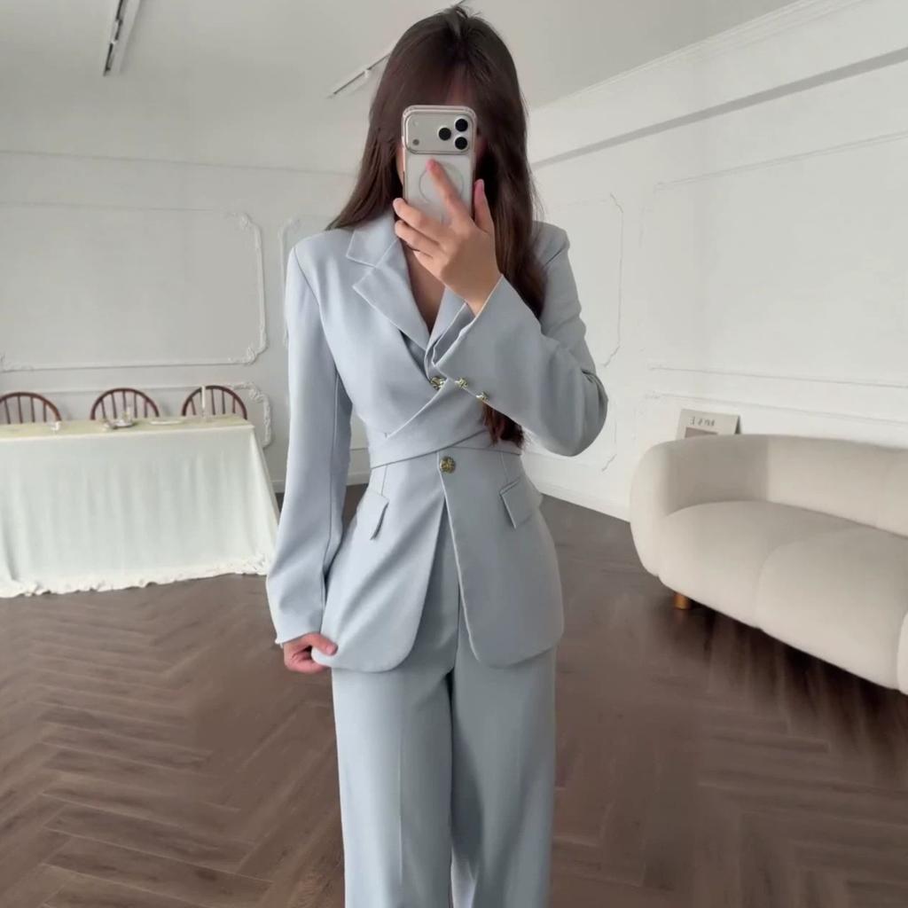 Spring and autumn new European and American Amazon cross-border long-sleeved suit waist shirt straight trousers suit