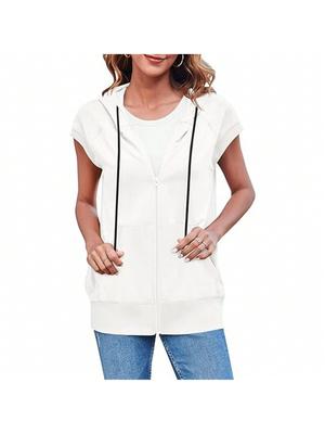 Women's Sleeveless Zip Up Hoodie Vest Loose Drawstring Lightweight Jacket with Pockets