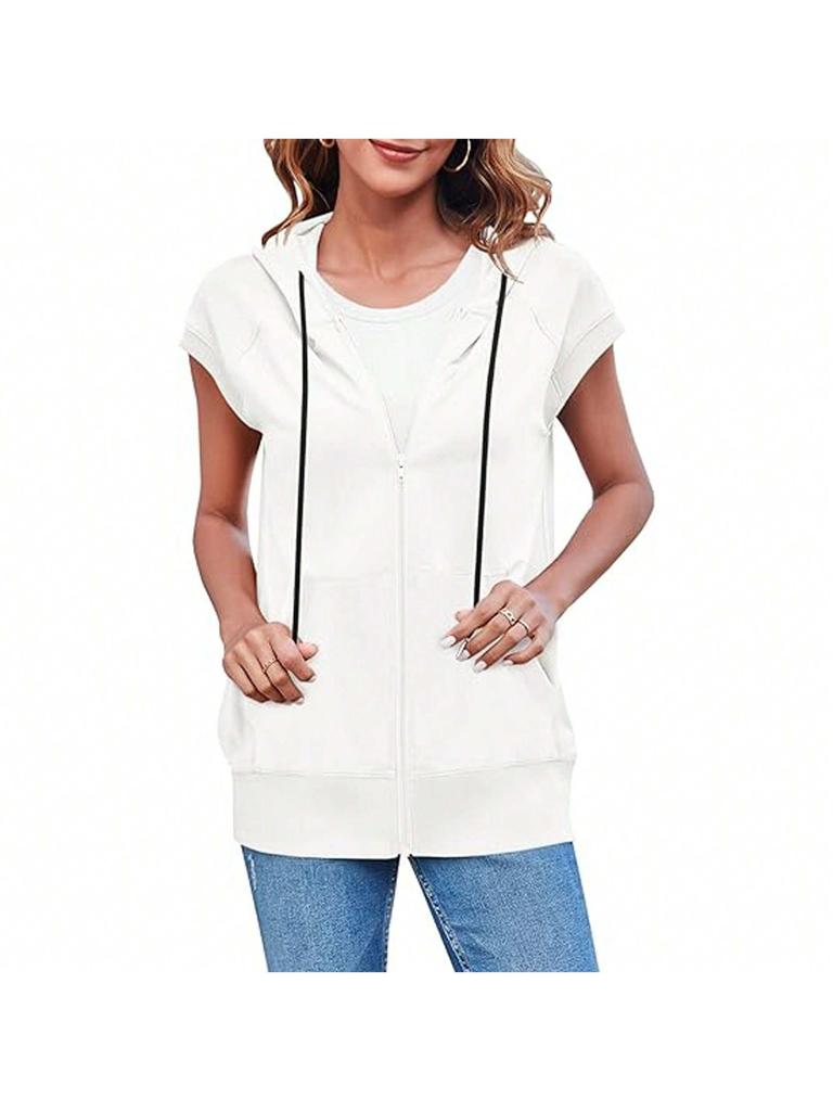 Damen ärmellose Reißverschluss Hoodie Weste locker Kordelzug leichte Jacke mit Taschen