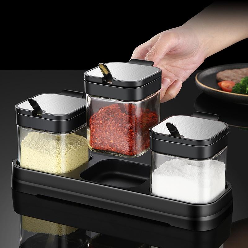 3pcs Seasoning Box Set Glass Spice Container Jar Set Kitchen Sealed Salt Shaker with Lid with Spoon with Tray Seasoning Bottle