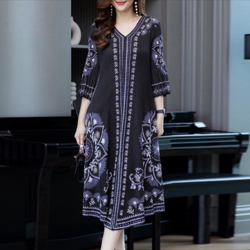 

ZANZEA Женское повседневное свободное платье с этническим принтом и V-образным вырезом, рукав 3/4 M тёмно-синий