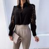 Camicia estiva da donna con maniche lunghe, tinta unita, in pizzo, con risvolto, traspirante e fresca