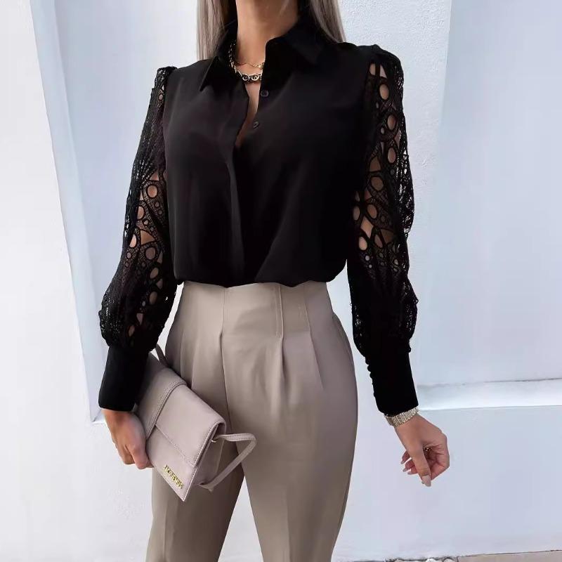 Camicia estiva da donna con maniche lunghe, tinta unita, in pizzo, con risvolto, traspirante e fresca