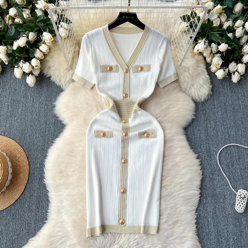 Vintage Chic pantalones cortos manga cuello pico botón tejido dulce vestido Vestidos moda coreana fiesta básica delgada verano elegante Vestidos de mujer