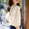 2025 Sommar Koreansk Mode Dam Långärmad Lös Skjorta Broderi Bomull Spets O-hals Casual Blusar Kläder 13440