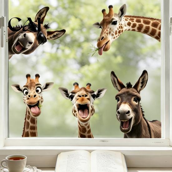 Easy Apply Window Art for Kids Funny Giraffe Donkey Static Cling, Removable Farm Animal Glass Reusable Decals Holidays Decal Kitchen Guest Room,