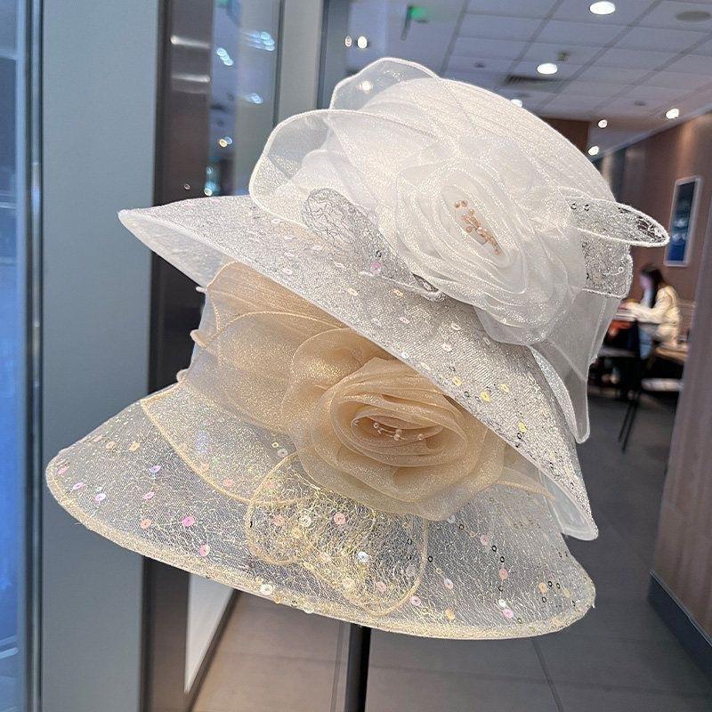 New women's fresh and versatile mesh sequin printed lace flower sun hat vacation travel sun protection
