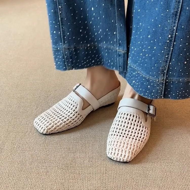 Edition~ Summer new 5cm vacation style woven wedge heel shoes belt buckle breathable bag head outer slippers
