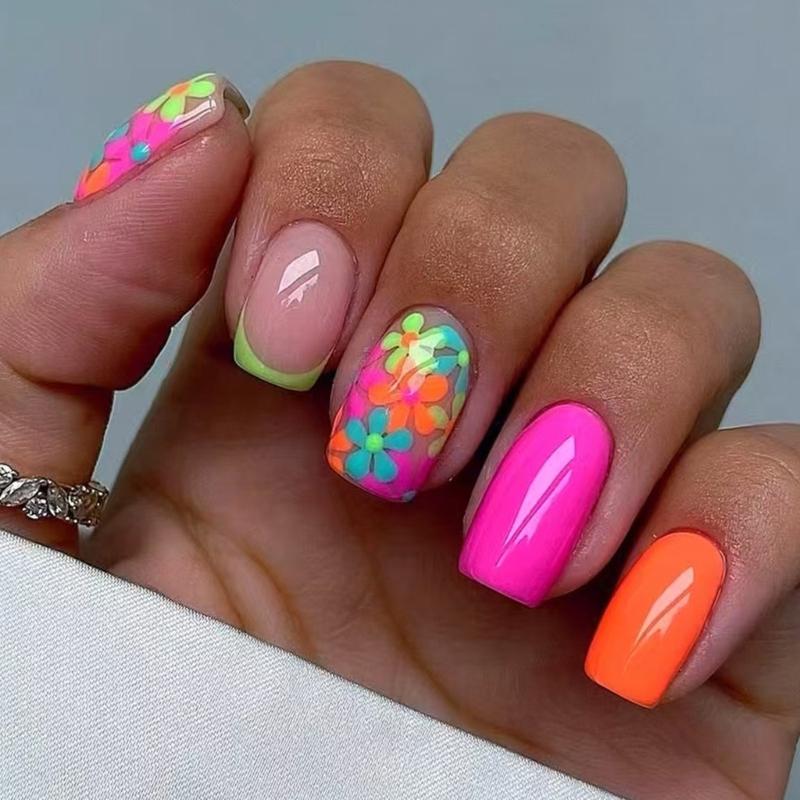 Unghii pătrate presate cu flori, unghii false adezive în 12 mărimi, 24 buc. tipsuri unghii french pentru decorațiuni nail art DIY