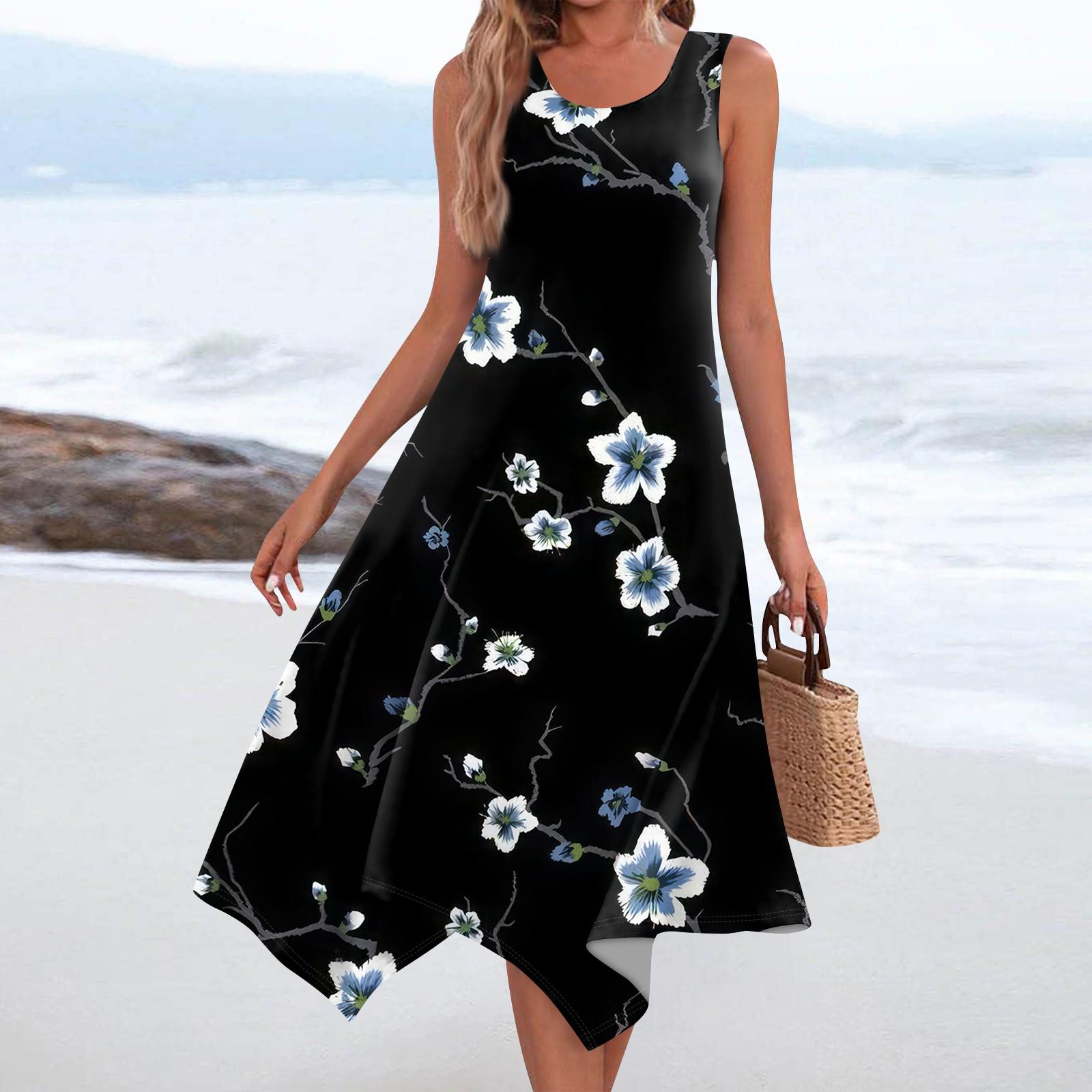 

Женское повседневное модное платье миди без рукавов с круглым вырезом и цветочным принтом, нерегулярный подол XXL