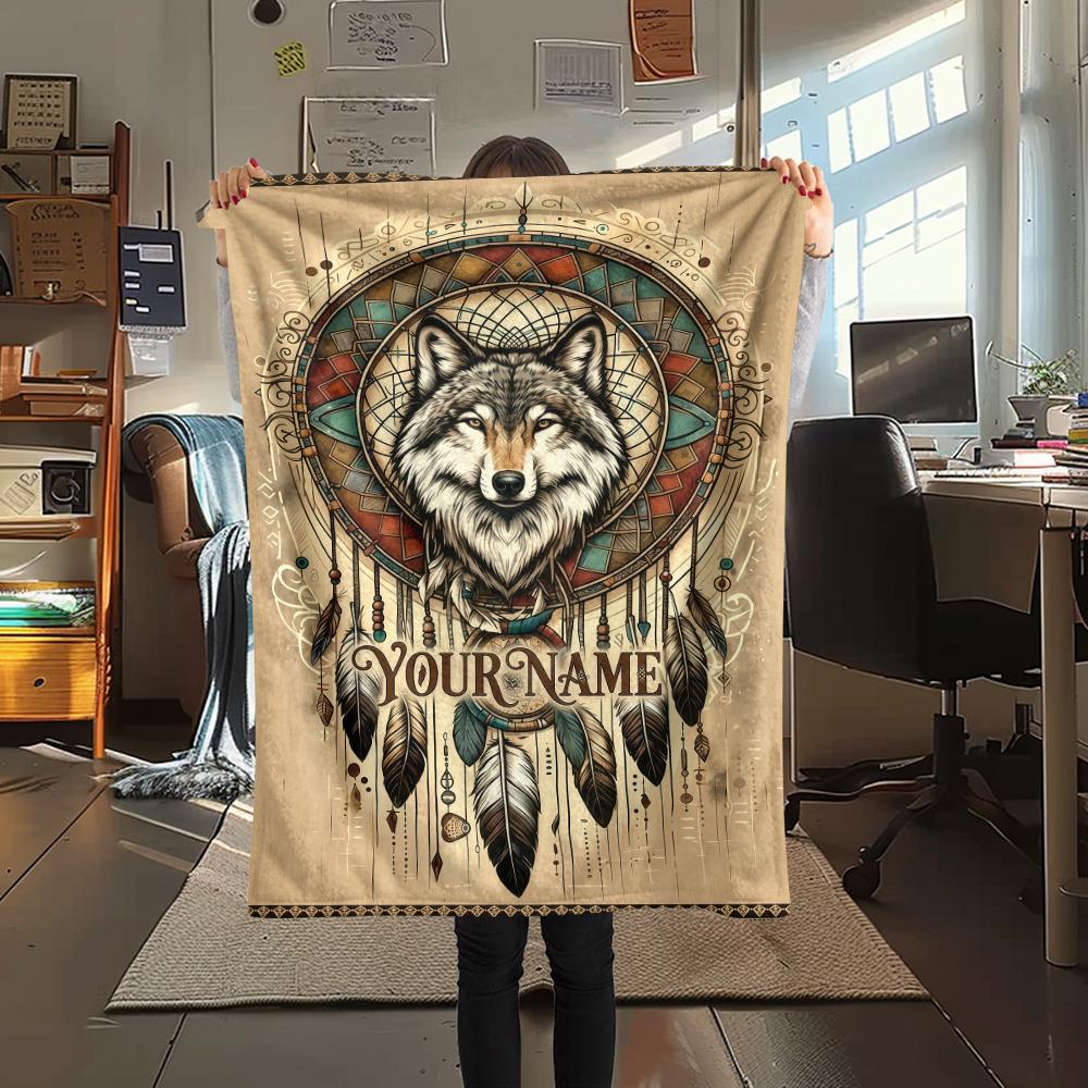 1PC Custom Name Wolf Pair Forest Patterned Flannel Blanket Suitable For All Seasons for Home Decor Warmth and Comfort Gifts Holiday Present_lx