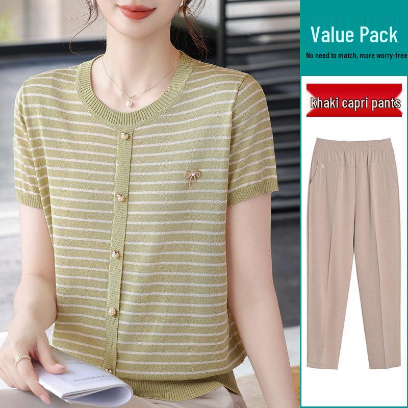 Trendy Summer Ice Silk Blouse Set for Middle-Aged and Elderly Women - 2026 Short Sleeve T-Shirt.