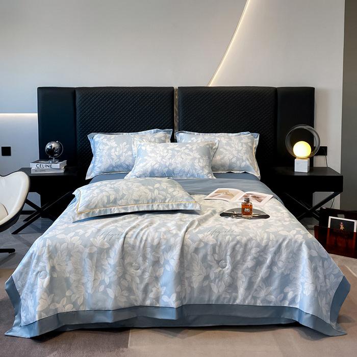 Printed Tencel Summer Quilt 4-Piece Set - Cooling Ice Silk for Naked Sleep, Smooth Gift Quilt