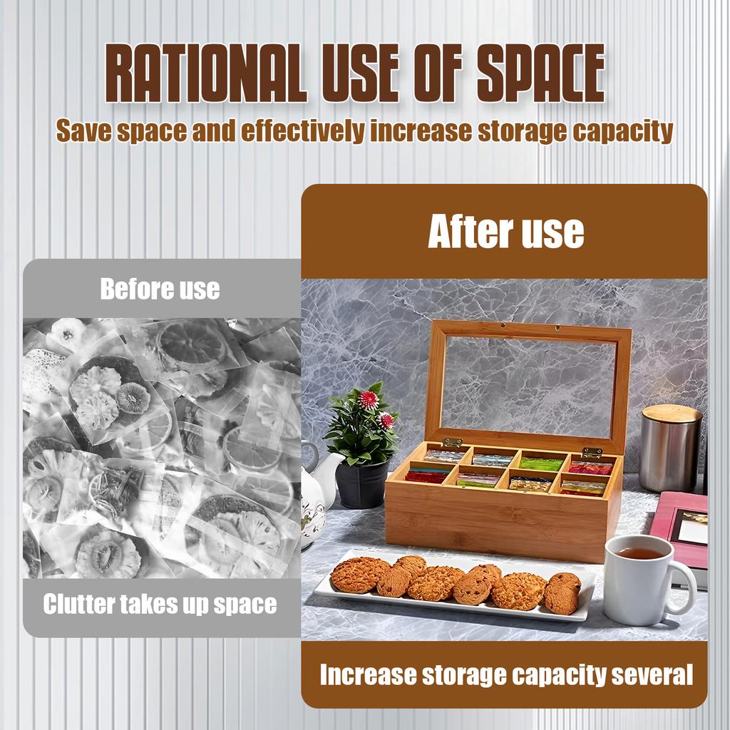 Tea Bag Organizer with Acrylic lid and Compartments Multipurpose Tea Bag Holder Keeping Tidy Bamboo Storage Organizer for Home