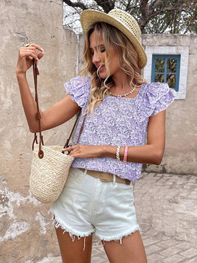 Women's Printed Summer Fashion Back Bow Tiered Ruffled Short Sleeve Shirt
