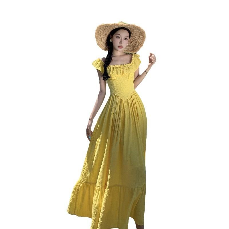 Yellow Small Flying Sleeves Square Neck Suspender Dress Children's Summer New French Seaside Vacation Waist Dress