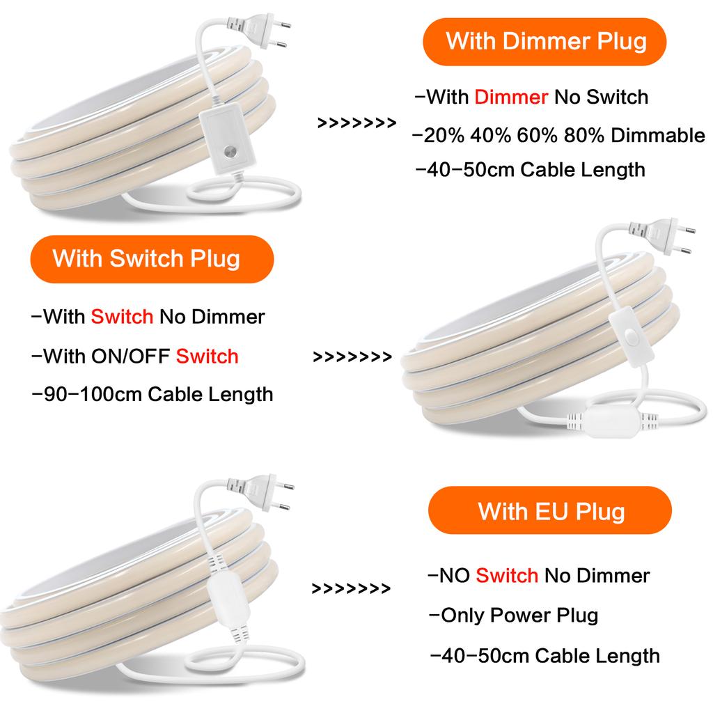 Dim Edilebilir Neon COB LED Şerit 220V Dimmer Anahtar Güç Kiti Süper Parlak 288LED/m Su Geçirmez Neon Doğrusal Aydınlatma 3000K 4000K 6000K