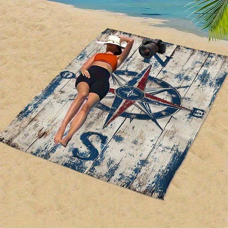 1pc Extra Large Beach Towel, Family Pack, Vintage Blue Compass Print Beach Towel,Essential Travel Gift for Vacations,Lightweight