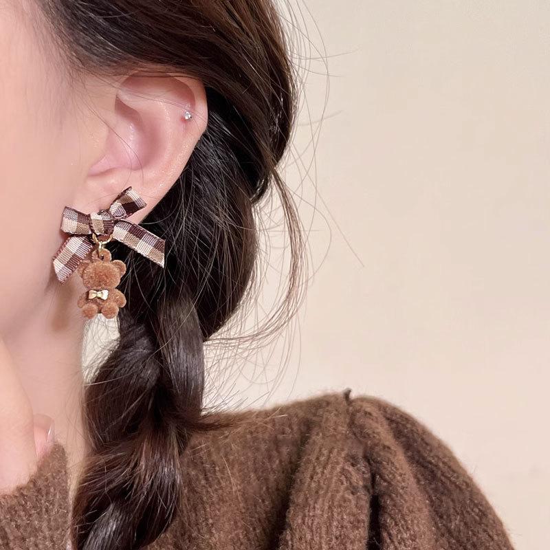 Checkered Bow Plush Bear Earrings New American College Style Coffee Colored High-End Unique Earrings Cute Plush Gril Earrings
